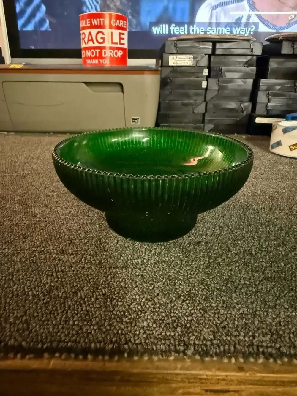 Vintage Hoosier Glass Emerald Green Ribbed Pedestal Bowl No. 4054